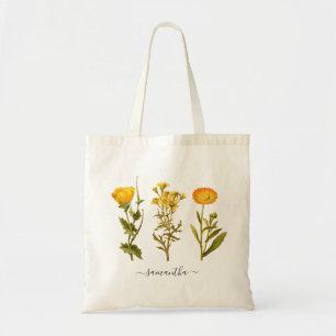 Tote Bag Floral Jaune Botanique Vintage Personnalisé