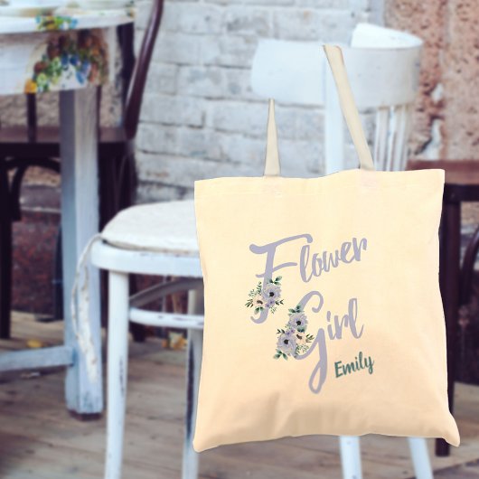 Tote Bag Floral Letter Dusty Blue Personalized Flower Girl