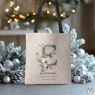 Tote Bag Floral Monogram E – Elegant Botanical Letter Art