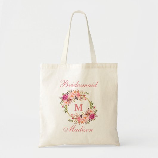 Tote Bag Floral Rose Blush Gold Circle Monogramme Bridesmai (Devant)