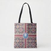 Tote Bag Floral rose violet rouge bleu plaid monogramme (Devant)