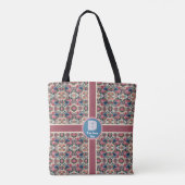 Tote Bag Floral rose violet rouge bleu plaid monogramme (Dos)