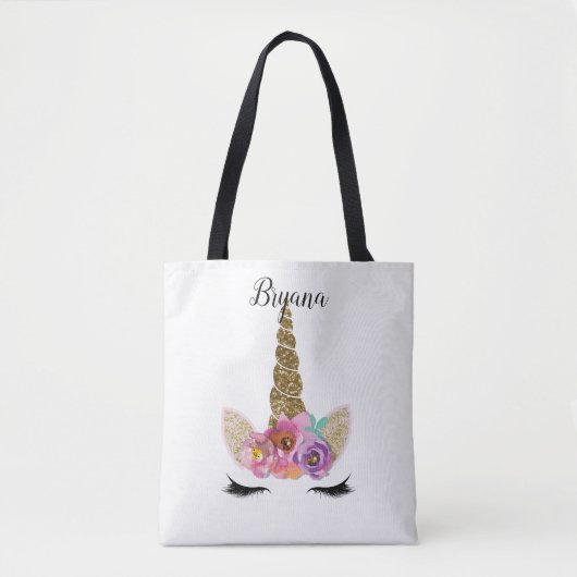 Tote Bag Floral Unicorn Gold Parties scintillant Girly Girl (Devant)