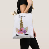 Tote Bag Floral Unicorn Gold Parties scintillant Girly Girl (De près)