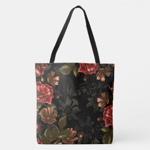 Tote Bag Floral vintage noir gravé élégant