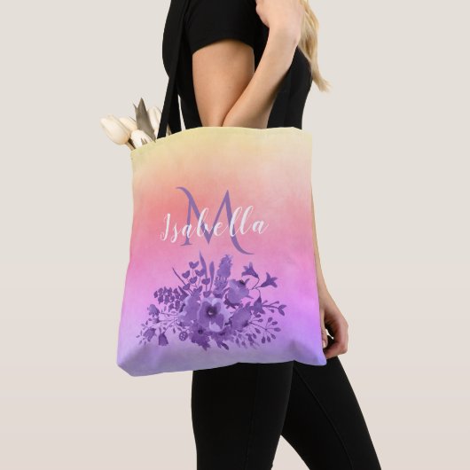 Tote Bag Floraux violets d'or rose nom monogramme (De près)