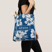 Tote Bag Flore bleu tropical et blanc (De près)