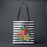 Tote Bag Flore colorée sur bandes noir et blanc<br><div class="desc">Bandes modernes et fourre-tout florale avec monogramme en option.</div>