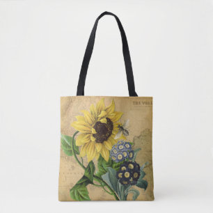 Tote Bag Flore de tournesol d'abeilles et carte Vintage