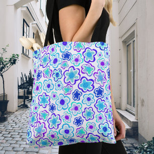 Tote Bag Flore d'été bleu violet tiré à la main