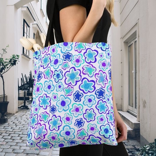 Tote Bag Flore d'été bleu violet tiré à la main