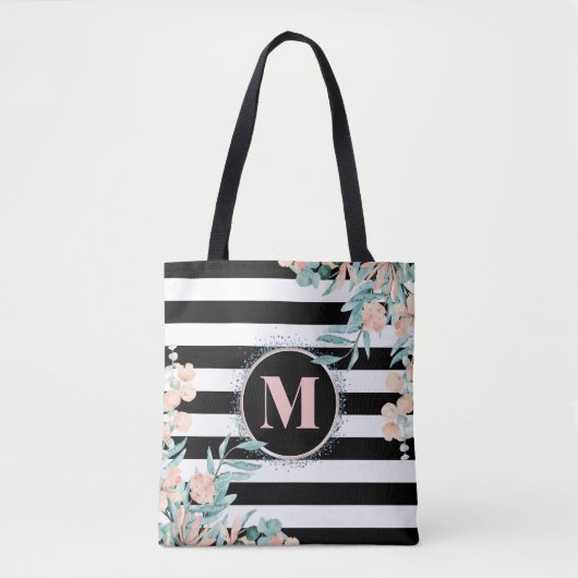 Tote Bag Flore floue sur un monogramme noir et blanc (Devant)