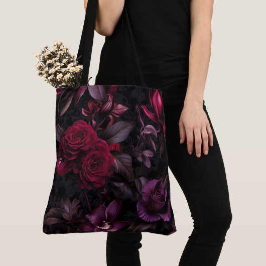 Tote Bag Flore foncé Moody Élégant Noir & Bourgogne (De près)