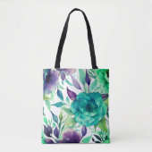 Tote Bag Flores d'aquarelle bleu Rose pourpre (Devant)