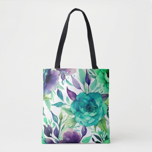 Tote Bag Flores d'aquarelle bleu Rose pourpre (Devant)