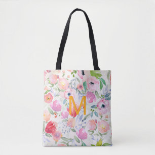 Tote Bag Flores violet rose vif aquarelle monogramme chic
