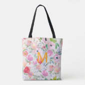 Tote Bag Flores violet rose vif aquarelle monogramme chic (Dos)
