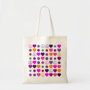 Tote Bag Flower Power Heart Peace Motif + votre backgr.