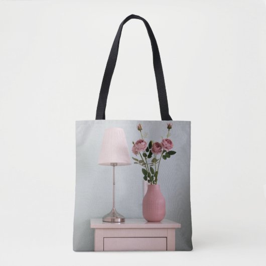 Tote Bag Flowers | Pale Pink Roses on Nightstand (Devant)