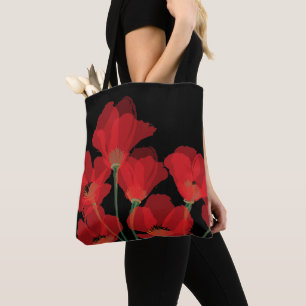 Tote Bag Flueurs de Pavot Rouge sur Noir