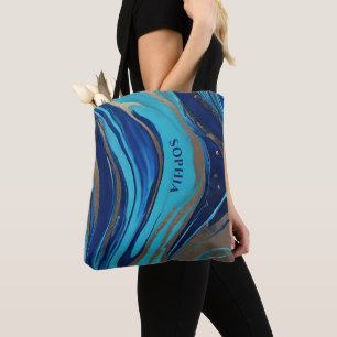 Tote Bag Flux Abstrait Art-Bleu et Or-