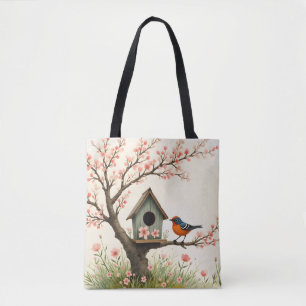 Tote Bag Folk Art Bird and Birdhouse