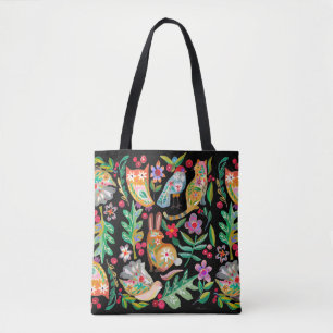 Tote Bag Folk Art Floral Animal Friends Black