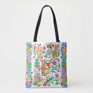 Tote Bag Folk Art Floral Animal Friends Blanc Personnalisab