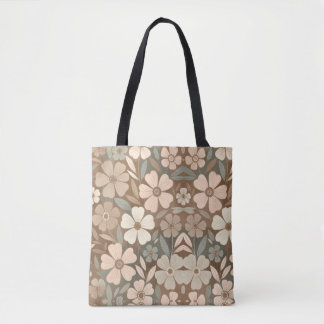 Tote Bag Folk Contemporain Fleurit dans des Tons Terreux Do