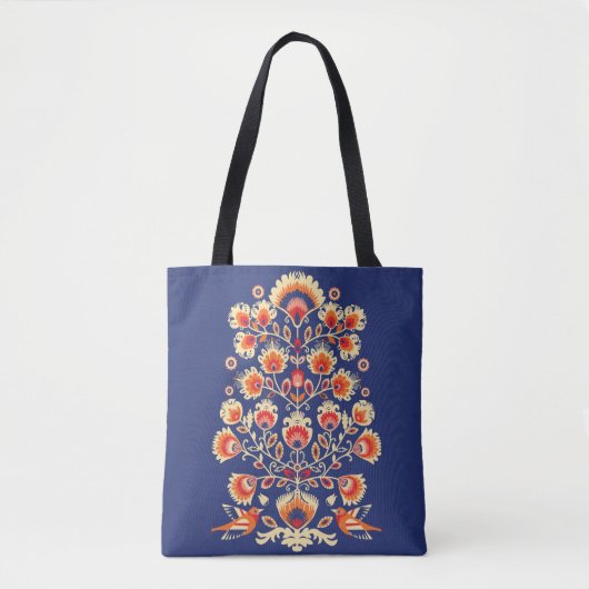 Tote Bag 💙 💛 🧡 Folklore aux fleurs jaunes et aux oiseaux (Devant)