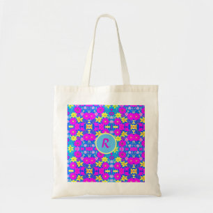 Tote Bag Fond à motif de fleurs rose bleu jaune ajouter nom