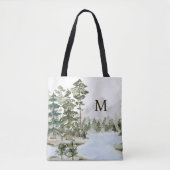 Tote Bag Forêt de pin vert monogramme et lac (Devant)