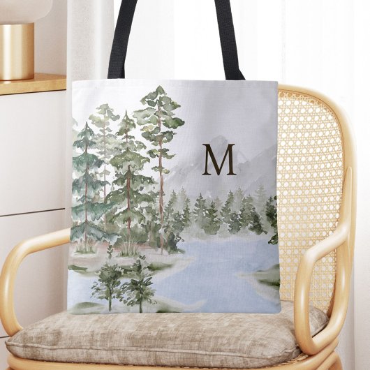 Tote Bag Forêt de pin vert monogramme et lac