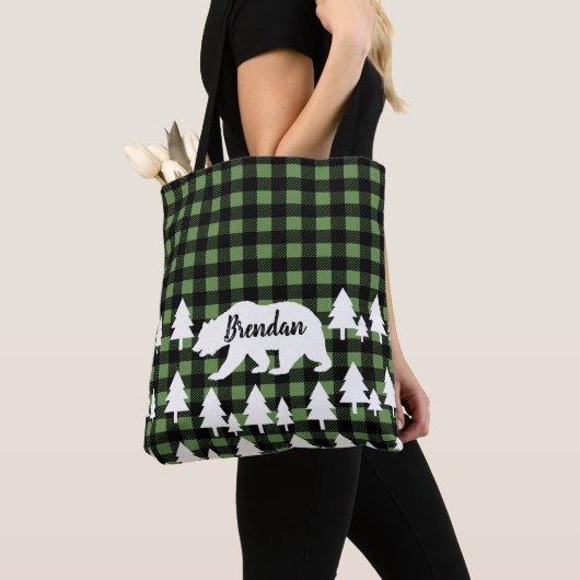Tote Bag Forêt d'ours rustique et Plaid vert avec nom (De près)