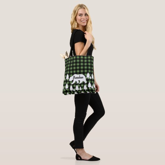 Tote Bag Forêt d'ours rustique et Plaid vert avec nom (Sur le modèle)