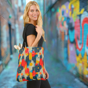 Tote Bag Formes abstraites en rouge, jaune et bleu sur beig