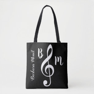 Tote Bag fourre-tout noir monogrammed treble clef / notes d