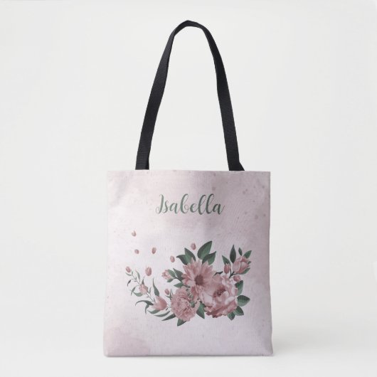 Tote Bag Fourre-tout romantique fleurs roses & feuilles ver (Devant)