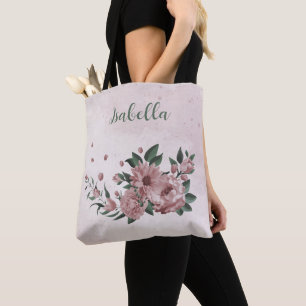 Tote Bag Fourre-tout romantique fleurs roses & feuilles ver