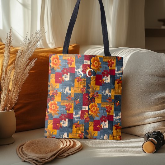Tote Bag Fourre-tout rustique en Patchwork avec feuilles fl