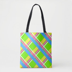 Tote Bag Fourre-tout vert clair, rose, jaune et bleu plaid