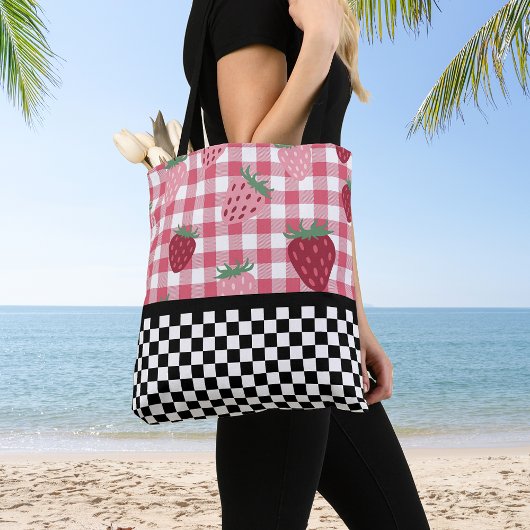 Tote Bag Fraises Fantaisistes et Damier