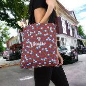 Tote Bag Fraises rouges et fleurs blanches dans la marine