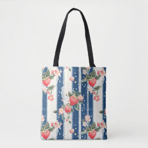 Tote Bag Fraises vintages et fleurs sur bandes bleues (2)