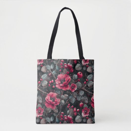 Tote Bag Framboise, fleurs bordeaux sur gris foncé (Devant)