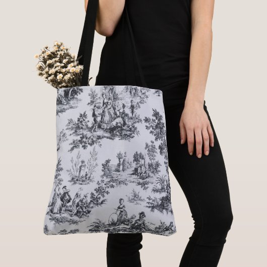 Tote Bag Française toile de jouy noir et blanc élégant (De près)