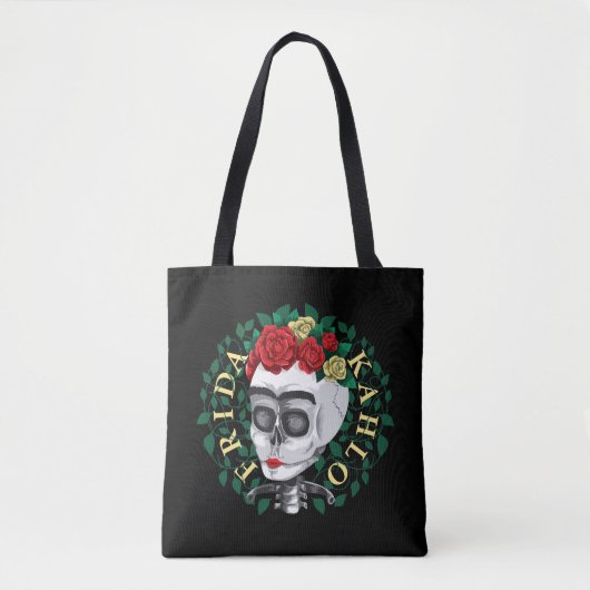 Tote Bag Frida Kahlo | Crâne avec couronne Rose (Devant)