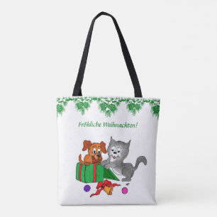 Tote Bag Fröhliche Weihnachten, Hund und Katze auf Deutsch