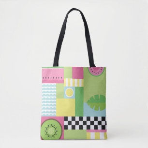 Tote Bag Fruit d'été coloré rose vert vert mosaïque jaune