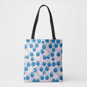 Tote Bag Fruits bleus, feuilles roses, design sans soudure.